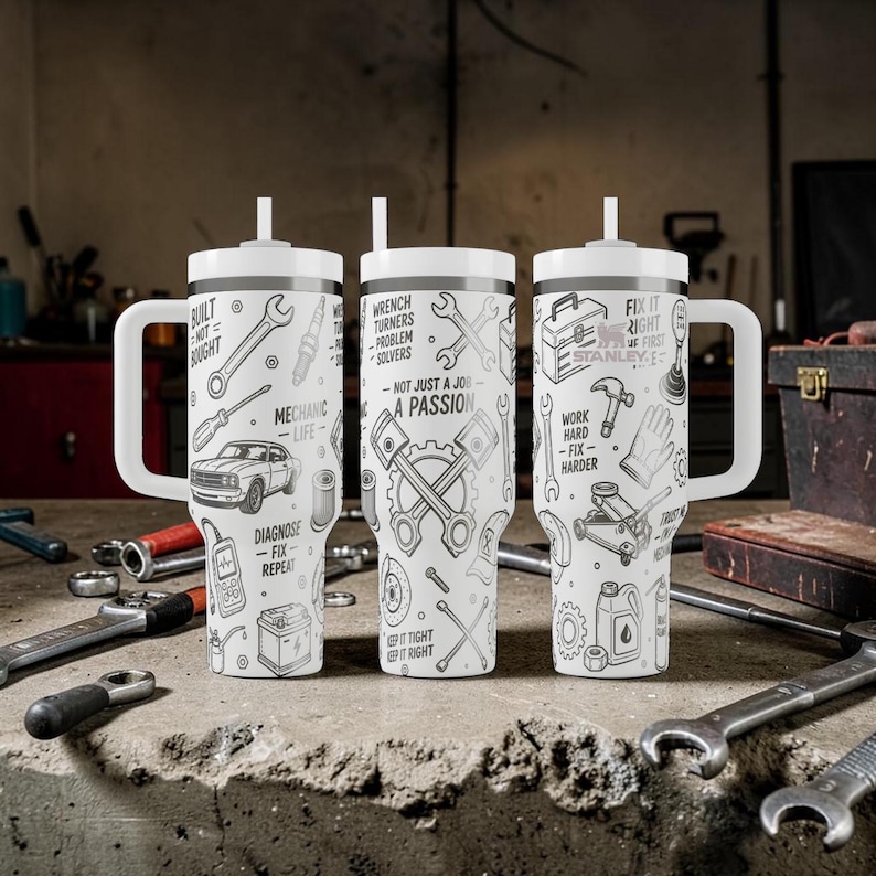 May include: Three white insulated tumblers with handles and straws, each featuring a different mechanic-themed design in black and white. The designs include tools, car parts, and text like "Mechanic Life" and "Fix It Right".