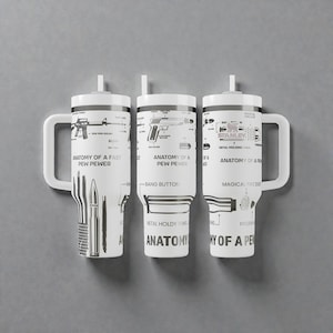 May include: Three white travel mugs with black and white diagrams and text. Each mug has a handle and a lid with a straw. The text includes "ANATOMY OF A FAST PEW PEWER", "BANG BUTTON", and "MAGICAL FIRE DI".