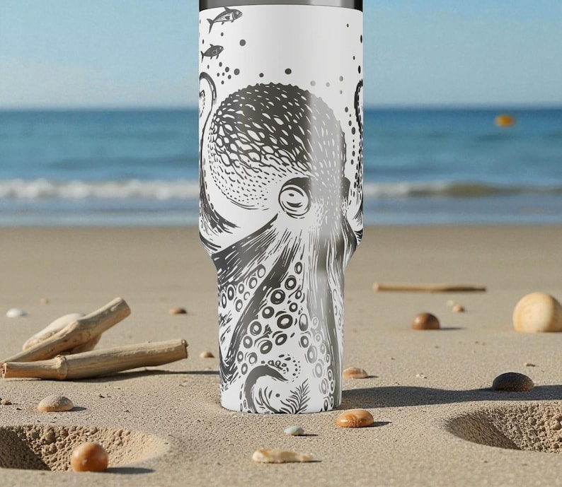 May include: A white travel mug with a black and grey octopus illustration. The design shows the octopus's head, tentacles, and suckers. The mug has a silver rim and a black lid. The background shows a beach with sand and the sea.