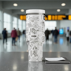 May include: A white travel mug with a black and white doodle design of aeroplanes, luggage, and the text "TIME FOR ANOTHER ADVENTURE". The mug has a white lid and a black band near the top.