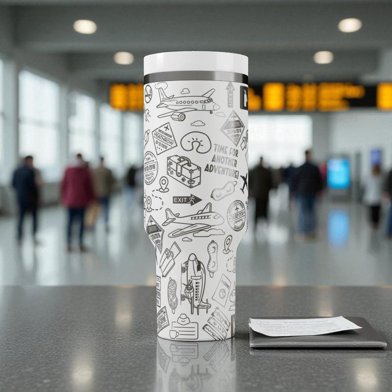May include: A white travel mug with a black and white doodle design of aeroplanes, luggage, and the text "TIME FOR ANOTHER ADVENTURE". The mug has a white lid and a black band near the top.