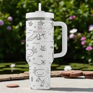 Engraved Axolotl Tumbler — Stanley Cup 14oz 20oz 30oz 40oz — Cute Amphibian Water Cup with Plants, Gift for Animal and Nature Lovers image 1