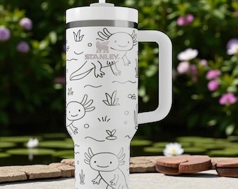 Grawerowany kubek z aksolotlem – Stanley Cup 14oz, 20oz, 30oz, 40oz – Uroczy kubek na wodę w kształcie płaza z roślinami, prezent dla miłośników zwierząt i natury