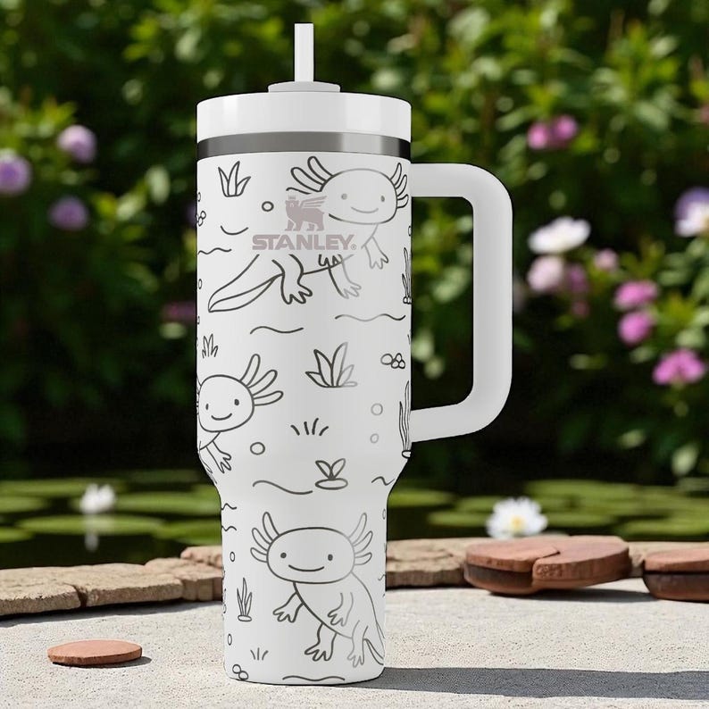 Engraved Axolotl Tumbler — Stanley Cup 14oz 20oz 30oz 40oz — Cute Amphibian Water Cup with Plants, Gift for Animal and Nature Lovers image 1
