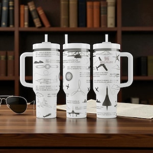 May include: A white stainless steel tumbler with a handle and straw, featuring a black graphic print of historical aviation milestones, aircraft silhouettes, and the Stanley logo. The design includes text detailing flight history from 1903 to 1976.