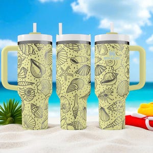 Stanley drinkbeker met schelpmotief – Gegraveerde oceaanbeker van 1,2 liter met handvat en rietje – Strandcadeau voor zomerse vibes en liefhebbers van het onderwaterleven afbeelding 2