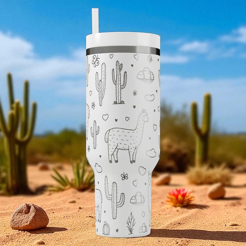Engraved Llama Tumbler — Stanley Cup 14oz 20oz 30oz 40oz — Cute Cactus and Llama Design, Gift for Animal Lovers and Desert Fans image 8