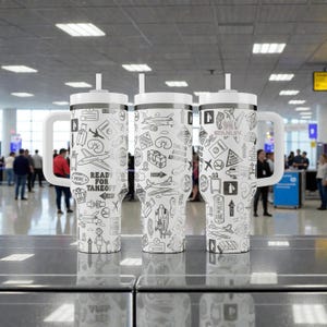 May include: Three white travel mugs with black and white travel-themed illustrations, including aeroplanes and suitcases. Each mug has a white handle, lid, and straw. One mug reads "Ready for Takeoff". The mugs are on a metal surface in an airport setting.