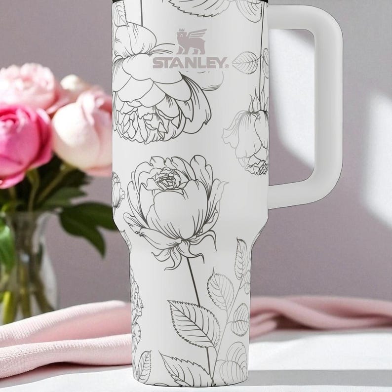Floral Engraved Stanley Tumbler – 40oz Elegant Rose and Peony Design – Custom Laser Etched Cup for Her, Bridesmaid Gift or Garden Lover image 9