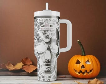 Butterfly Skull Stanley Tumbler – Gothic Engraved Cup – Laser Engraved Floral Skull Design – 14oz 20oz 30oz 40oz