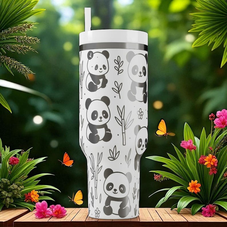 Engraved Panda Tumbler — Stanley Cup 14oz 20oz 30oz 40oz — Cute Bamboo Forest Design, Kawaii Animal Gift for Her or Him image 9