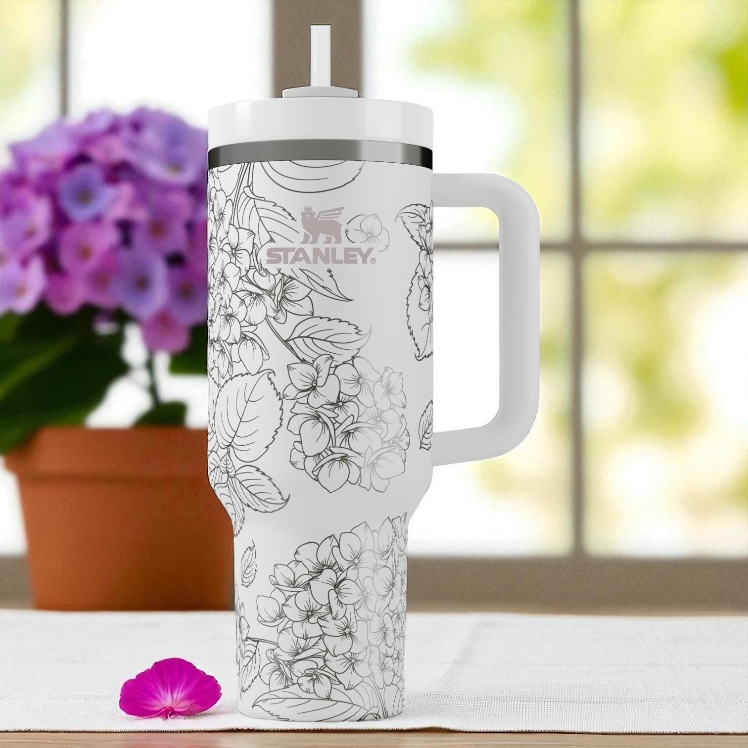 Engraved Hydrangea Stanley Tumbler – 40oz Floral Wrap – Elegant