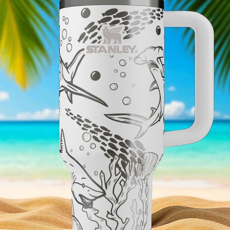 Shark Lover Stanley Tumbler – 40oz Engraved Ocean Cup with Handle, Deep Sea Shark Gift for Swimmers, Divers, and Beach Addicts image 5