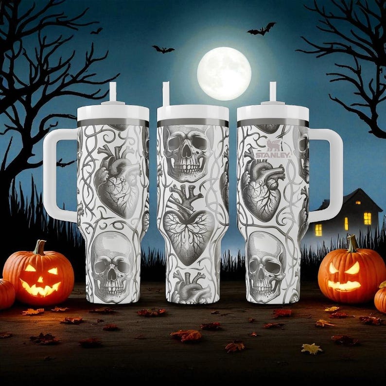 Vaso Stanley con diseño de calaveras y corazones – Taza gótica grabada – Regalo personalizado – 14 oz, 20 oz, 30 oz, 40 oz imagen 7