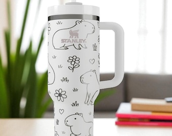 Engraved Capybara Stanley Tumbler – Cute Relaxing Animal Cup with Flowers and Ducks – 14oz 20oz 30oz 40oz Gift for Nature Lovers