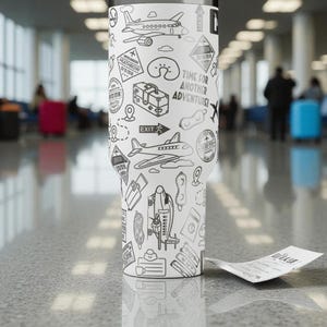 May include: A white travel-themed tumbler featuring black line art illustrations of aeroplanes, luggage, and travel stamps. The text "TIME FOR ANOTHER ADVENTURE!" is visible. A white paper ticket lies on the surface next to the tumbler.