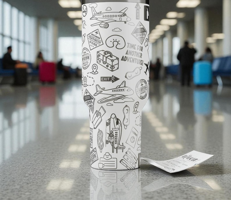 May include: A white travel-themed tumbler featuring black line art illustrations of aeroplanes, luggage, and travel stamps. The text "TIME FOR ANOTHER ADVENTURE!" is visible. A white paper ticket lies on the surface next to the tumbler.