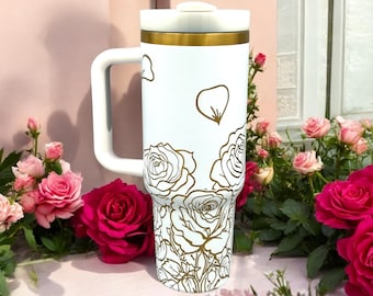 Rose Tumbler – Floral Stainless Steel Travel Mug, Insulated Coffee Cup with Handle, Gift for Her
