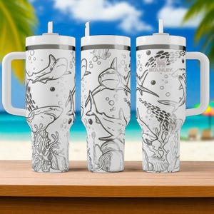 Shark Lover Stanley Tumbler – 40oz Engraved Ocean Cup with Handle, Deep Sea Shark Gift for Swimmers, Divers, and Beach Addicts