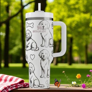 Engraved Golden Retriever Stanley Tumbler – Sweet Dog Lover Gift with Paws and Hearts – 40oz 30oz 20oz Personalized Cup image 1