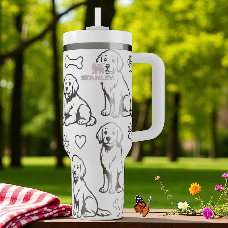 Engraved Golden Retriever Stanley Tumbler – Sweet Dog Lover Gift with Paws and Hearts – 40oz 30oz 20oz Personalized Cup image 1