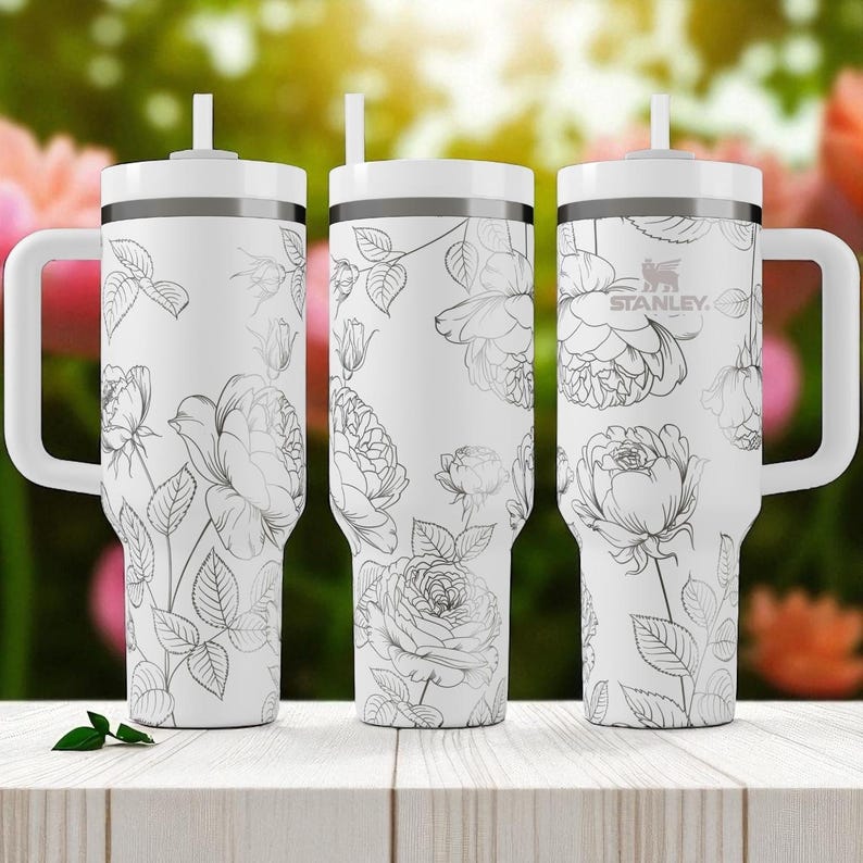 Floral Engraved Stanley Tumbler – 40oz Elegant Rose and Peony Design – Custom Laser Etched Cup for Her, Bridesmaid Gift or Garden Lover image 2