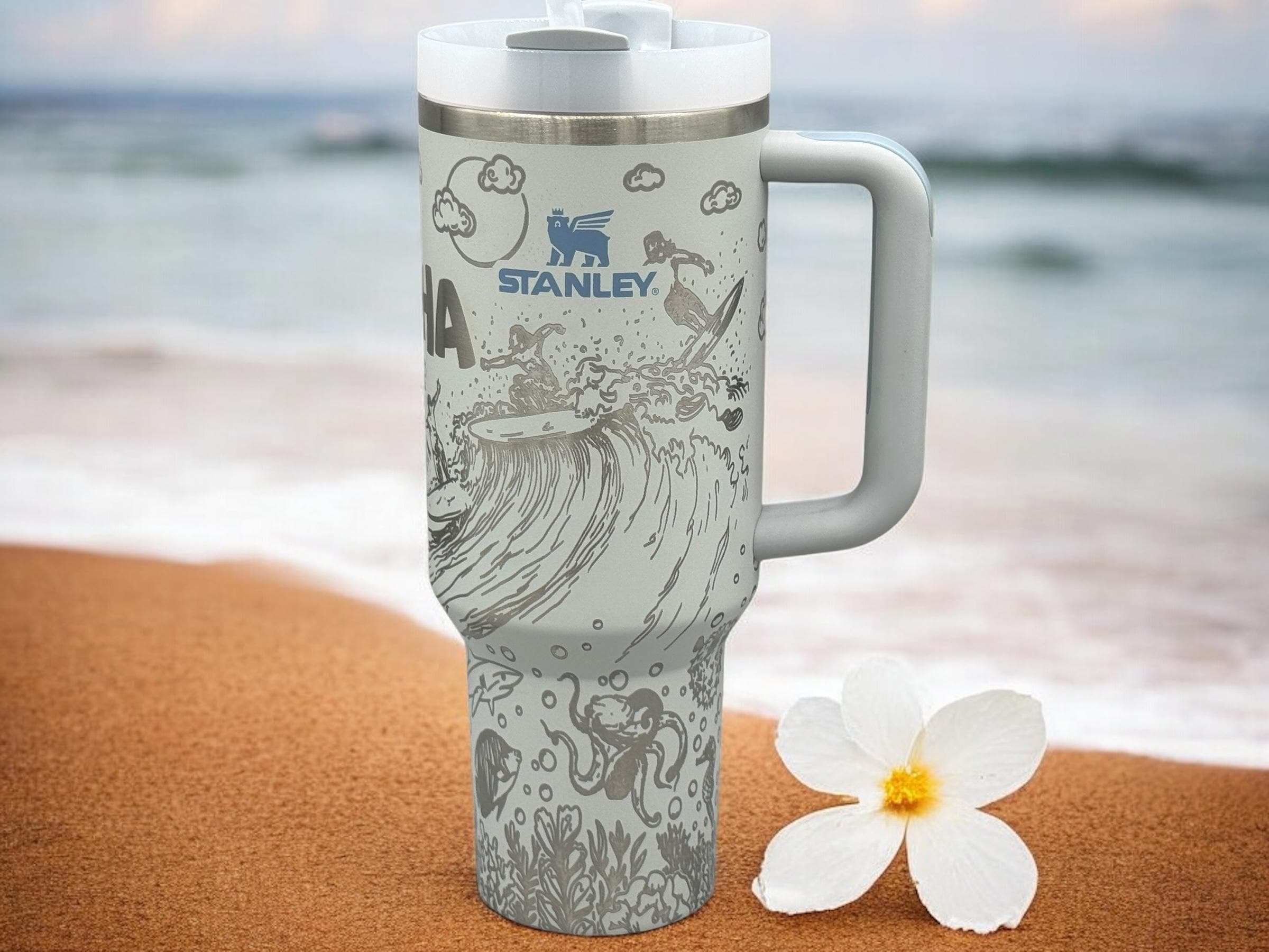 Hawaiian-Themed Stanley Tumbler | Surf and Ocean Design | Custom Insulated Mug for Beach Lovers
