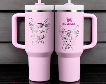 Vaso personalizado con el nombre de tu mascota: taza personalizada con la raza de tu gato, ideal para amantes de los felinos. Taza con grabado de gatito al estilo Stanley.