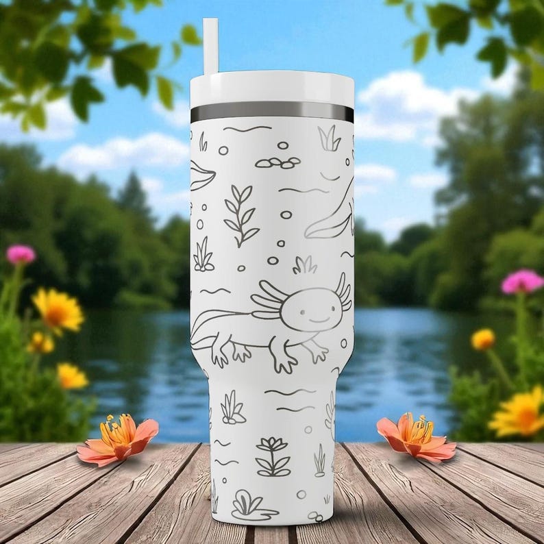 Engraved Axolotl Tumbler — Stanley Cup 14oz 20oz 30oz 40oz — Cute Amphibian Water Cup with Plants, Gift for Animal and Nature Lovers image 8