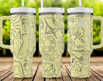 Stanley Summer Beach drinkbeker – 1,2 liter roestvrijstalen beker met rietje – Vakantiecadeau, met gegraveerd ontwerp van teenslippers en anker