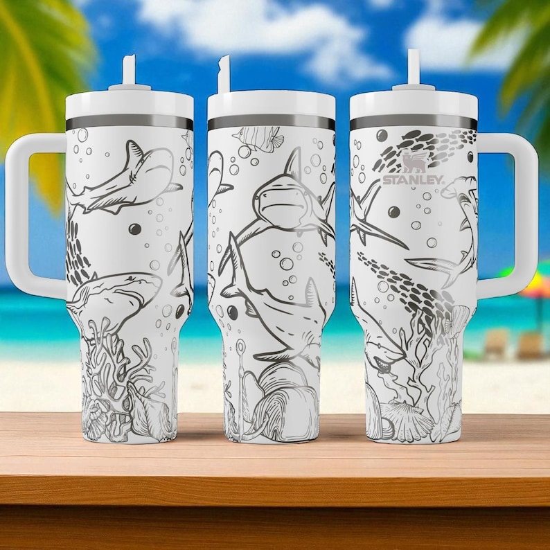 Shark Lover Stanley Tumbler – 40oz Engraved Ocean Cup with Handle, Deep Sea Shark Gift for Swimmers, Divers, and Beach Addicts image 1