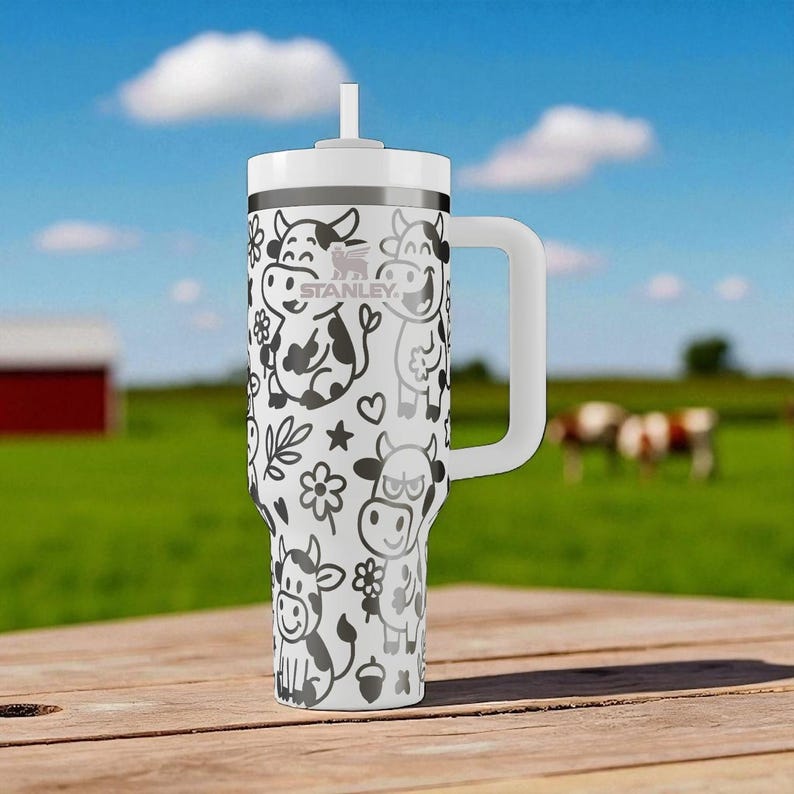 Cow Stanley Tumbler – Cute Engraved Cow Cup – Funny Farm Animal Gift – Custom Name Mug – 14oz 20oz 30oz 40oz image 1