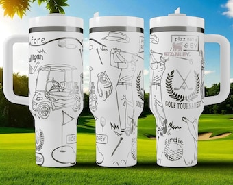 Engraved Golf Stanley Tumbler – 40oz Tournament Wrap with Golf Cart, Clubs and Swing Art – Funny Gift for Golfer, Dad or Coach