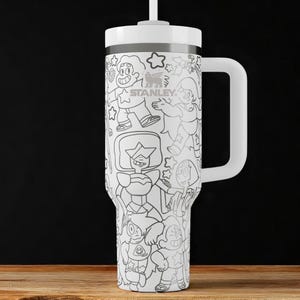 Crystal Universe Stanley Tumbler – Engraved 40oz Fan Art Travel Mug with Stars & Heroes, Custom Nerdy Gift with Handle, Cartoon Line Art Cup