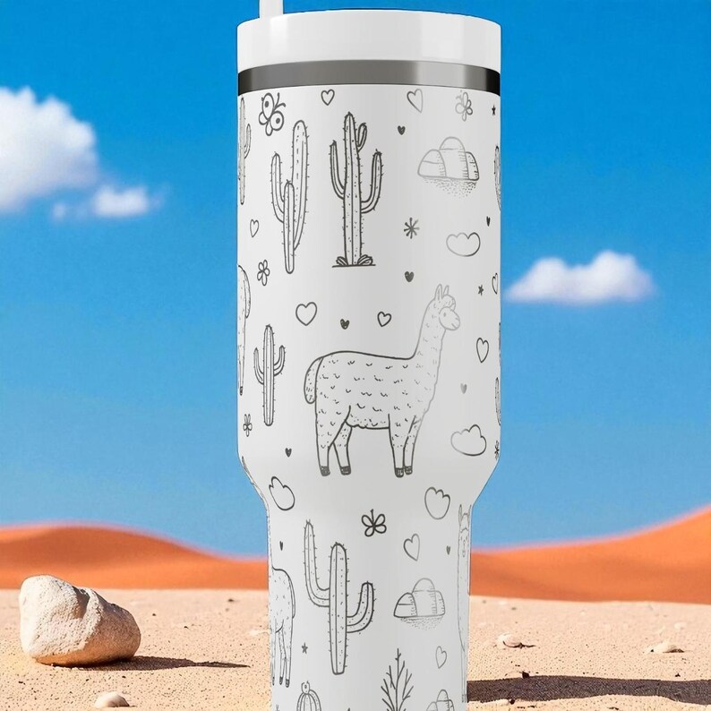 Engraved Llama Tumbler — Stanley Cup 14oz 20oz 30oz 40oz — Cute Cactus and Llama Design, Gift for Animal Lovers and Desert Fans image 6