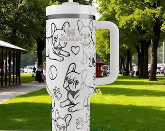 Engraved French Bulldog Stanley Tumbler – Cute Dog Water Bottle with Paws and Bones – 16oz 24oz 30oz 40oz Gift for Dog Lovers