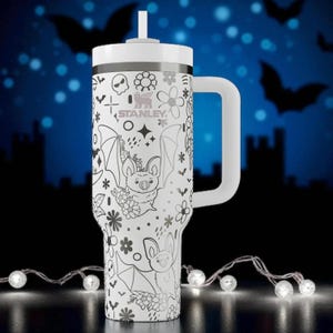 Engraved Ghost Tumbler — Stanley Cup 14oz 20oz 30oz 40oz — Cute Halloween Design with Skulls, Bats, and Pumpkins