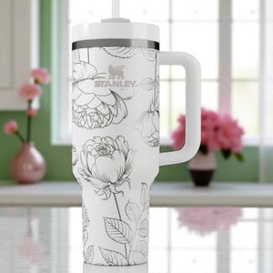 Floral Engraved Stanley Tumbler – 40oz Elegant Rose and Peony Design – Custom Laser Etched Cup for Her, Bridesmaid Gift or Garden Lover image 1