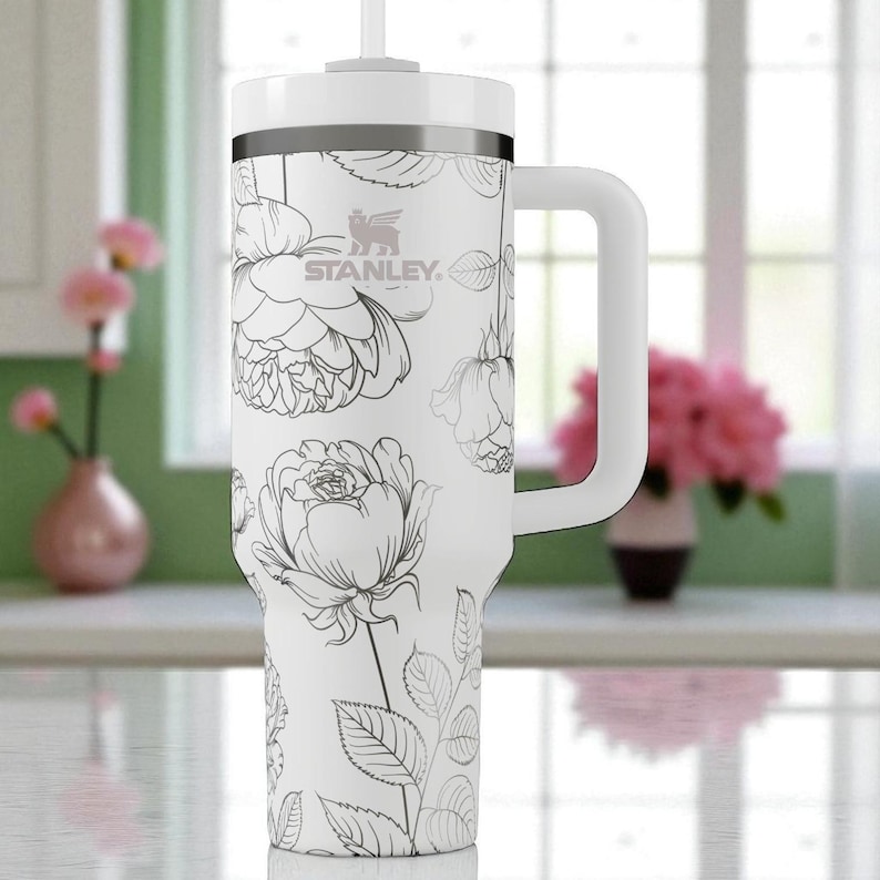 Floral Engraved Stanley Tumbler – 40oz Elegant Rose and Peony Design – Custom Laser Etched Cup for Her, Bridesmaid Gift or Garden Lover image 1