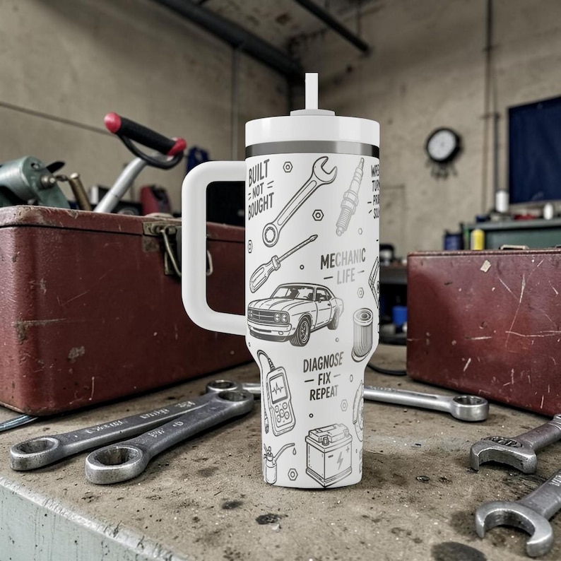 May include: White travel mug with a handle and a straw, featuring a black and white mechanic-themed design. The design includes tools, a car, and the text "Built Not Bought" and "Mechanic Life - Diagnose - Fix - Repeat."