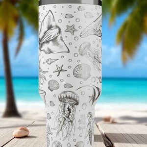Ocean Creatures Engraved Stanley Tumbler – 40oz Underwater Sea Life Cup with Jellyfish, Turtles, Whales & Coral, Marine Gift Idea image 6