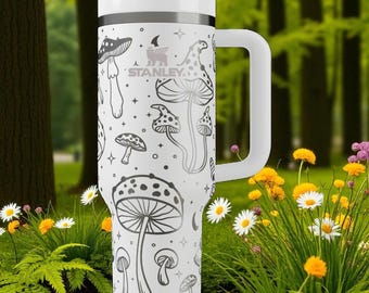 Engraved Mushroom Stanley Tumbler – 40oz Forest Cottagecore Cup with Fungi and Moons – Witchy Gift for Her or Nature Aesthetic Fans