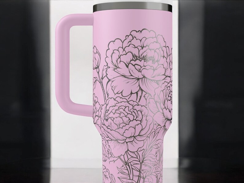 Pfingstrosen-Trinkbecher – Edelstahl-Reisebecher mit Blumenmuster, isolierter Kaffeebecher mit Henkel, Geschenkidee für Sie Bild 9