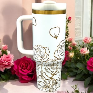 Rose Tumbler – Floral Stainless Steel Travel Mug, Insulated Coffee Cup with Handle, Gift for Her