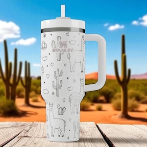 Engraved Llama Tumbler — Stanley Cup 14oz 20oz 30oz 40oz — Cute Cactus and Llama Design, Gift for Animal Lovers and Desert Fans image 1