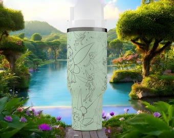 Vaso inspirado en Tinker Fairy – Taza del Bosque Mágico con silueta de hada, vaso con purpurina para ella
