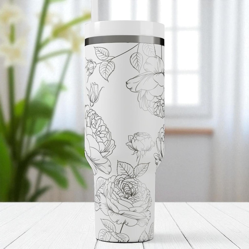 Floral Engraved Stanley Tumbler – 40oz Elegant Rose and Peony Design – Custom Laser Etched Cup for Her, Bridesmaid Gift or Garden Lover image 7