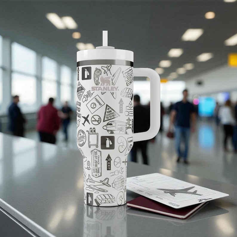 May include: A white Stanley travel tumbler with a black and gray travel-themed pattern, a white handle, and a white lid with a straw. The tumbler is next to a passport and boarding pass on a counter.