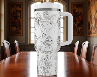Rapunzel Inspired Stanley Tumbler – Fairytale Travel Mug, Princess Gift, Insulated Cup with Handle, White & Black Drinkware