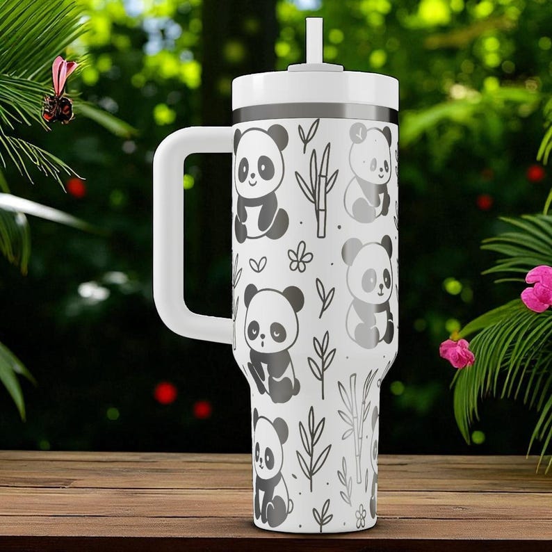 Engraved Panda Tumbler — Stanley Cup 14oz 20oz 30oz 40oz — Cute Bamboo Forest Design, Kawaii Animal Gift for Her or Him image 8